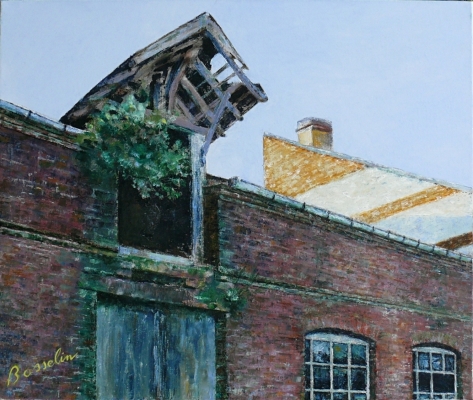 Fecamp, le chien assis, friche industrielle de l'ancienne boucane de la rue herbeuse, huile sur toile de Bosselin peintre verrier normand et fécampois, Normandie, pays de caux, côte d' Albatre