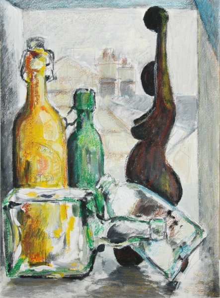 Fécamp, quartier mer,nature morte avec statue africaine (sénégalaise), technique mixte sur papier de Bosselin peintre verrier normand et fécampois, Normandie, pays de caux, côte d' Albatre