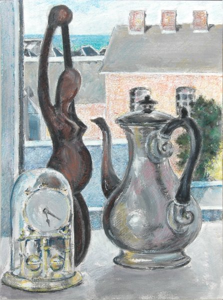 Fécamp, sur fond de la saurisserie de la rue Herbeuse, nature morte à la pendule,technique mixte sur papier de Bosselin peintre verrier normand et fécampois, Normandie, pays de caux, côte d' Albatre