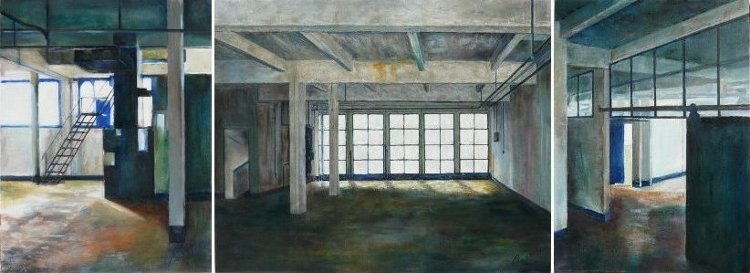 futur musée des pêcheries de Fécamp (la Morue Normande),friche industrielle, trois huiles sur toile, de Bosselin peintre verrier normand et fécampois, Normandie, pays de caux, côte d' Albatre