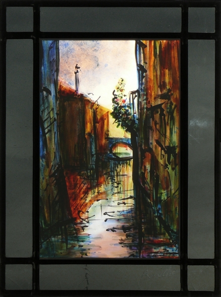 Venise,canal tera secundo III,vitrail (stained glass) de Bosselin peintre verrier à Fécamp, Normandie, pays de caux, côte d' Albatre