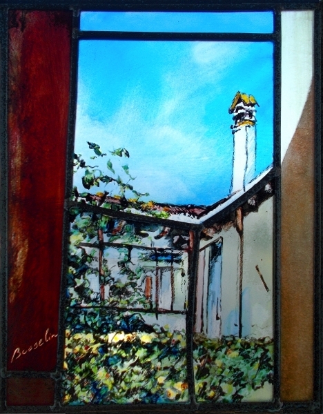 Venise,cour intérieure, vitrail (stained glass) de Bosselin peintre verrier à Fécamp, Normandie, pays de caux, côte d' Albatre